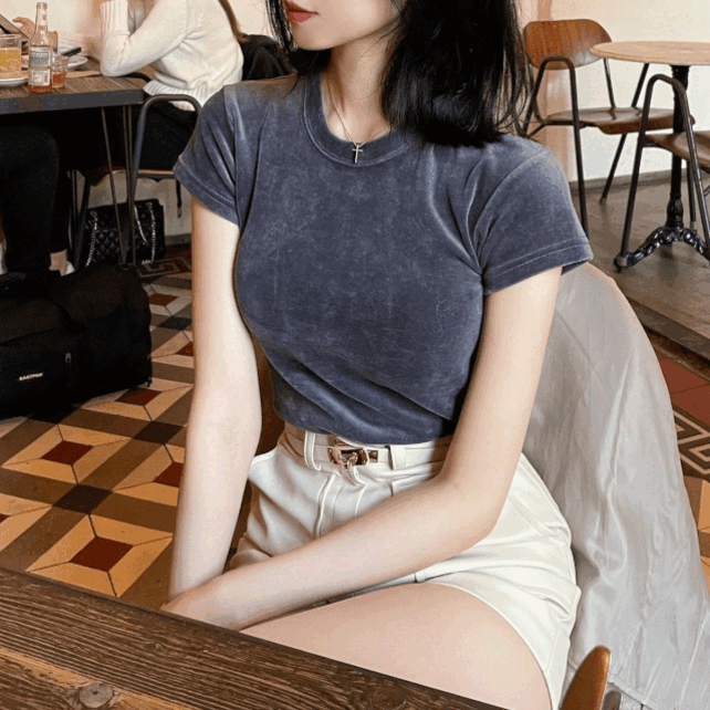 글램 벨벳 스판 슬림핏 반팔 티셔츠